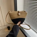 Handwoven straw bucket bag with contrast color design and pearl button closure - Flat Pattern (Style 2 Khaki)