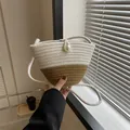 Handwoven bucket bag in cream and beige cotton rope with a large pearl buckle closure - Flat Pattern (Style 2 White)