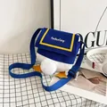 Cute cartoon duck canvas crossbody bag with adjustable strap in blue and white colorway - Blue