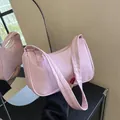 Minimalist light pink baguette bag with wide shoulder strap in nylon fabric - Pink