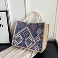 Borsa tote etnica in tela con motivi geometrici colorati e texture in lino - Blu
