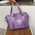 Purple nylon travel fitness bag with widened woven handles and fashion woven label - Purple