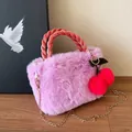 Pink faux fur crossbody bag with coral velvet handle and cute cherry pendant - Purple