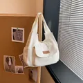 Minimalist cream white canvas tote bag with front pocket and leather fashion label - No Pendant / White