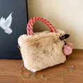 Khaki plush handbag with pink velvet woven handle and golden chain strap for women - Khaki