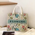 Vintage Blumen Leinentasche mit FLOWERS Stickerei und großem Fassungsvermögen für Damen - Gebrochenes Weiß