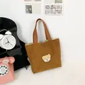 Brown corduroy mini handbag with cute cartoon bear patch and brown fabric handle - Brown