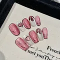 Pink and white cat-eye press-on nails with heart patterns in a premium gift box - XS / 2474-Short Coffin