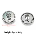 Silver metal button featuring a 3D rose relief on an iridescent pearl background, 21mm - 21mm / Silver Rose Style