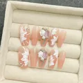 Unghie finte fatte a mano a ballerina con fiori 3D, sfumatura rosa e perle - Extra Piccolo (XS) / 1764 Bara Media