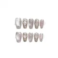 Handmade cat eye press-on nails with pink glitter, silver 3D lines and pearls - 1210 Short Coffin (XS)