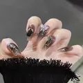 Macro detail of handmade press-on nails with 3D silver butterfly and black relief roses - Dark Rose Butterfly Style (853)
