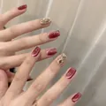 Uñas postizas cuadradas rojo vino efecto ojo de gato con purpurina dorada y diamantes - Extra Pequeño (XS) / 1436 Ataúd Corto (1436)