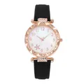 Elegant rose gold women's watch with starfish dial and black leather strap on white background - Black (Matte)