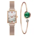 Orologio rettangolare oro rosa con quadrante marmoreo e set di bracciali malachite - Orologio Bianco + Braccialetto