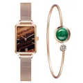 Dettaglio orologio rettangolare oro rosa con set bracciale in malachite verde - Orologio Marrone + Braccialetto