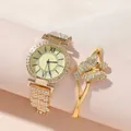 Orologio da donna dorato di lusso e bracciale a farfalla con cristalli e strass scintillanti - Orologio + Bracciale / Oro