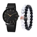 Orologio minimalista in maglia nera con lancette oro rosa e due bracciali con corone - Orologio Quadrante Nero Puntatore Rosa E Bracciale