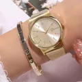Elegant gold mesh strap watch and matching metal bracelet set for stylish women - Gold Watch and Bracelet Set