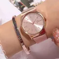 Elegant rose gold mesh strap quartz watch and love bracelet set for women - Rose Gold Watch and Bracelet Set
