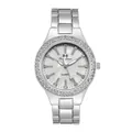Close-up of mother-of-pearl dial and double-row crystal bezel on women's steel watch - Watch Only / Silver