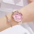 Montre femme quartz or rose avec motif cerf sur cadran rose et bracelet cristal coeur - Rose + Bracelet