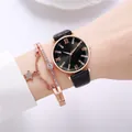 Women's minimalist watch set with black dial, rose gold case and leather strap - Black + Bracelet