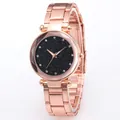 Women's rose gold quartz watch with a black starry sky dial and 12 crystal markers - Rose Gold