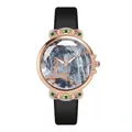 Detail of rose gold watch with marble dial, crystal deer motif and colorful gems - Black