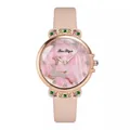 Detail of pink watch dial featuring silver deer relief and sparkling colorful crystals - Pink