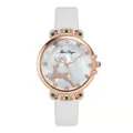 Detailed macro of crystal-studded quartz watch with reindeer motif and white leather band - White