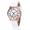 Classic white leather strap quartz watch with rose gold case and Roman numeral dial - White