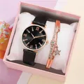 Women's quartz watch with black leather strap and star bracelet in a pink gift box - Black + Bracelet + Box