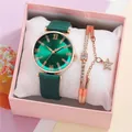 Elegant women's watch set with green sunray dial and gold star charm bracelet in a gift box - Green Watch + Bracelet + Gift Box