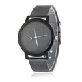 Minimalist quartz watch with starry black dial and grey mesh metal strap for men and women - Black
