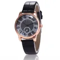 Classic quartz watch with black roman dial, rose gold case and black leather strap - Black