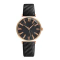 Detail of rose gold quartz watch featuring a textured black strap and iridescent dark dial - Black Watch Only