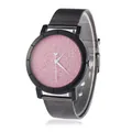 Minimalist quartz watch with pink glitter starry dial and black stainless steel mesh band - Red