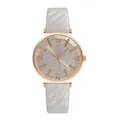 Macro detail of faceted glass dial and rose gold case with minimalist rhinestone markers - White Watch Only
