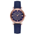 Close-up of rose gold watch case with blue leather strap and Roman numeral dial details - Blue