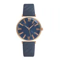 Women's blue quartz watch with multifaceted glass dial, rose gold case and textured leather strap - Blue Watch Only