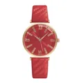 Detail of red dial with Roman numerals and rose gold case on woven texture strap - Red Watch Only