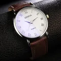 Classic Geneva men's quartz watch with white Roman dial and brown leather strap - Brown Strap White Dial
