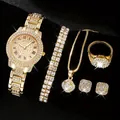 Luxury gold women's watch set with crystal-encrusted jewelry and Roman numeral dial - E7 Gold 5-Piece Set (Watch+Bracelet+Necklace+Ring+Earrings)