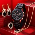 Elegant 5-piece women's quartz watch and jewelry set with black gemstones in red box - Watch Necklace Ring Earrings Style / Black Style With Gift Box
