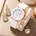 Elegant 5-piece set with white silicone watch and rose gold gemstone jewelry on display - Watch Necklace Ring Earrings Style / White Style With Gift Box