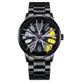Detailed macro view of 3D sports car rim dial with yellow brake caliper and steel band - Yellow
