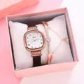 Women's square quartz watch with rhinestones and star bracelet in a pink gift box - Watch And Bracelet And Gift Box / White