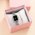 Women's silver chain watch with black octagonal dial and matching bracelet in a gift box - Black Face With Bracelet And Box