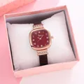 Elegant square quartz watch with burgundy dial and rhinestones in a gift box - Watch And Box / Red